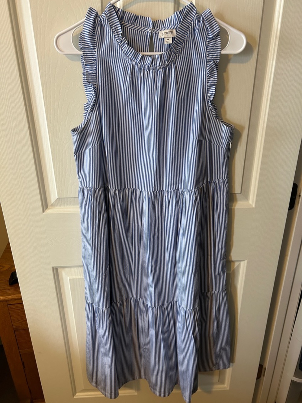 J. Crew Blue and White Striped Ruffle-Sleeve Tiered Maxi Dress